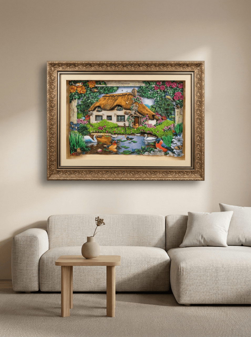 3 Boyutlu Katmanlı Rölyef Tablo: Romantik Kır Evi ve Doğa Manzarası - detay