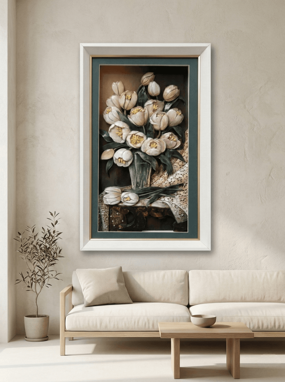 3 Boyutlu Rölyef Tablo: Vazoda Beyaz Laleler ve Dantel Zarafeti - detay