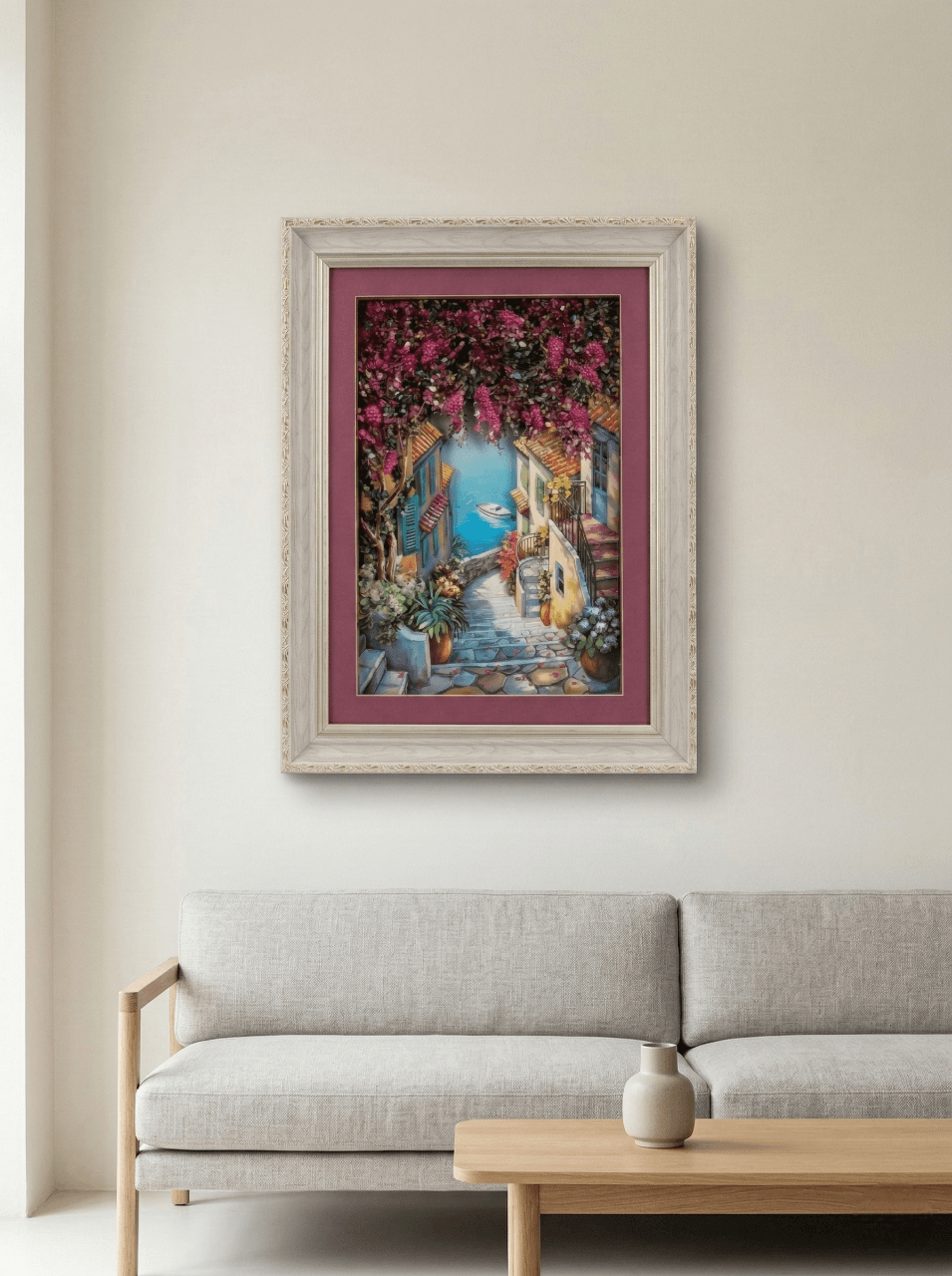 3 Boyutlu Katmanlı Sahil Kasabası Manzarası Rölyef Tablo - detay